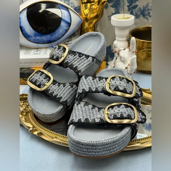 🆕 LOEFFLER RANDALL 🧿 NWOB Theo Embroidered Raffia Platform Sandal, Blue Sz 7.5 - Picture 6 of 14